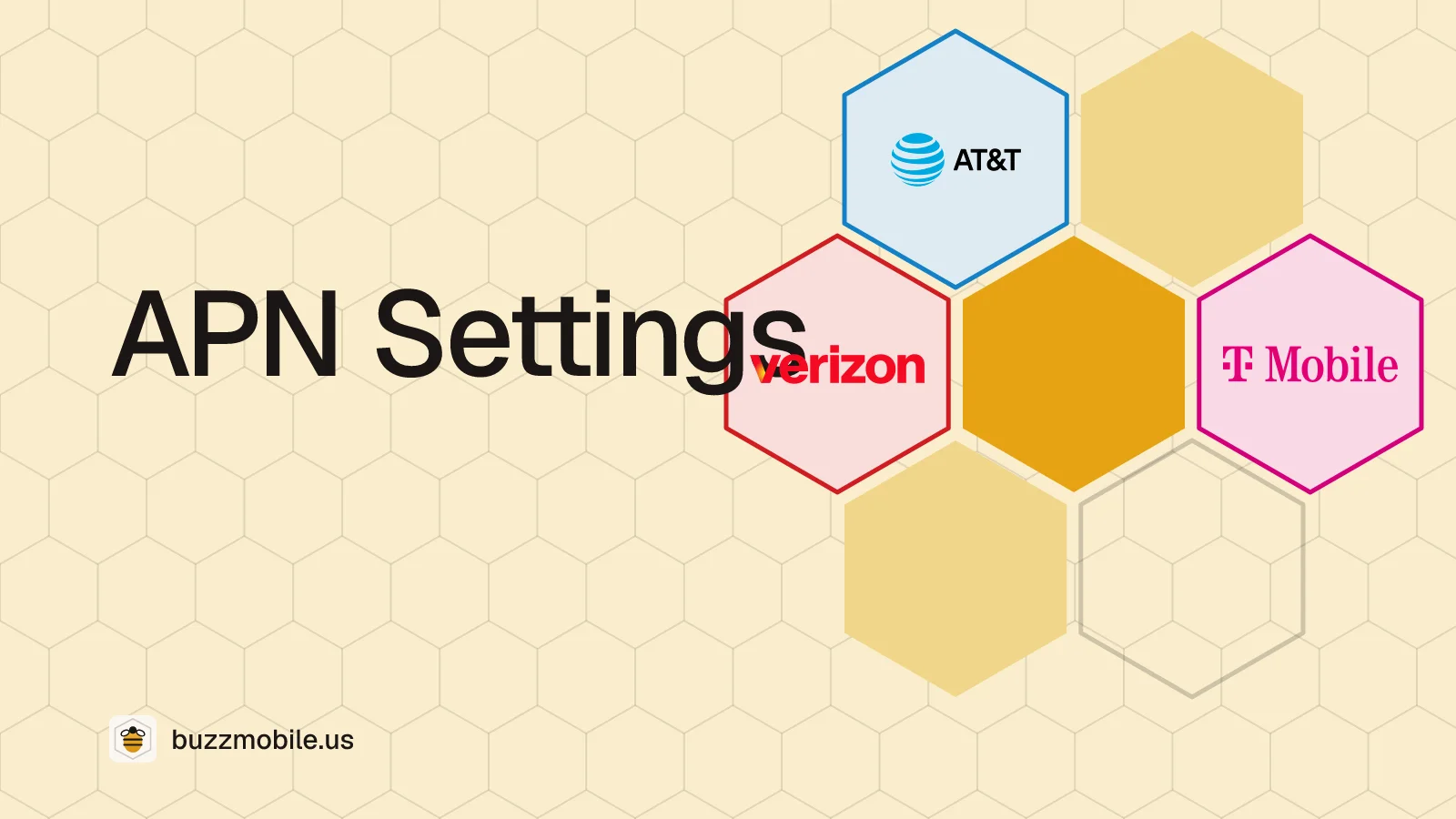 APN Settings: a honeycomb with the Verizon, AT&T and T-Mobile logos, one in each cell.