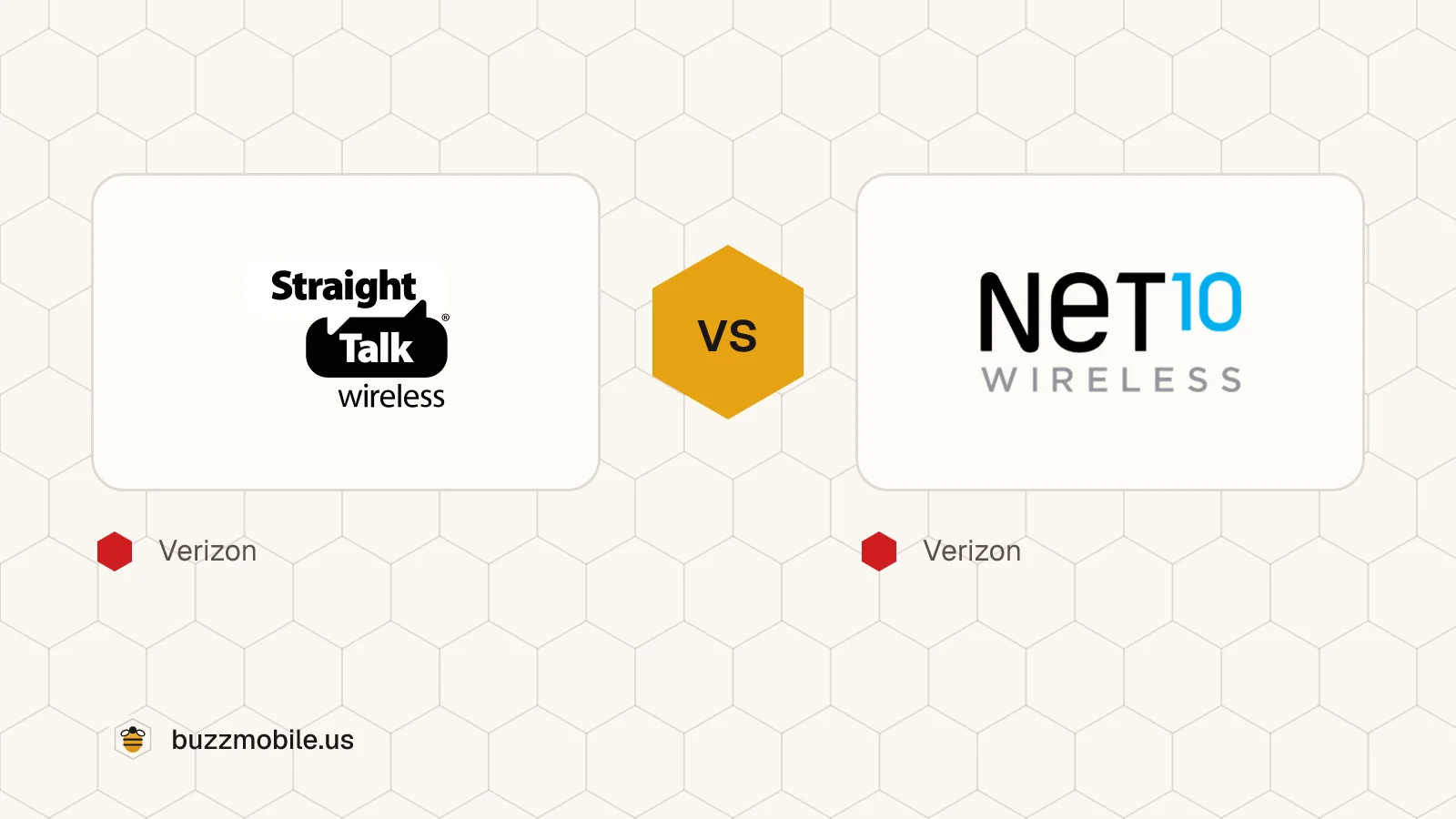 The Straight Talk logo and the Net10 Wireless logo, side by side. Straight Talk runs on Verizon; Net10 Wireless runs on Verizon.