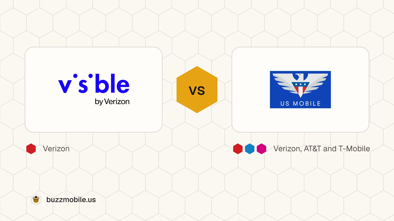 The Visible logo and the US Mobile logo, side by side. Visible runs on Verizon; US Mobile runs on Verizon, AT&T and T-Mobile.