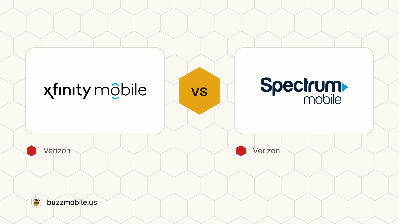 The Xfinity Mobile logo and the Spectrum Mobile logo, side by side. Xfinity Mobile runs on Verizon; Spectrum Mobile runs on Verizon.