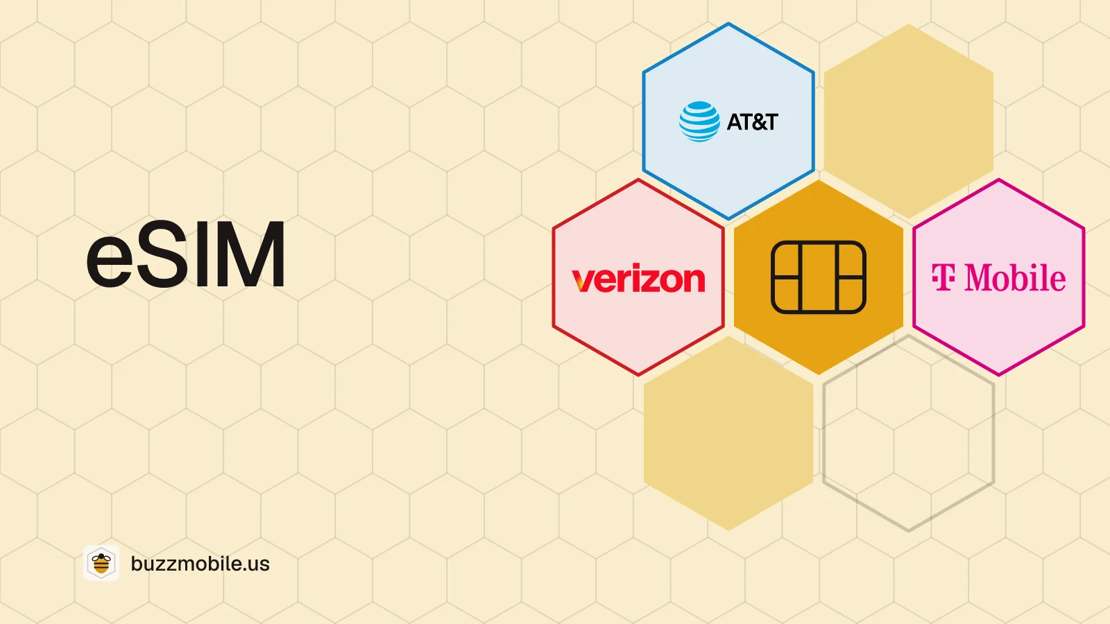 eSIM: a honeycomb with the Verizon, AT&T and T-Mobile logos, one in each cell.