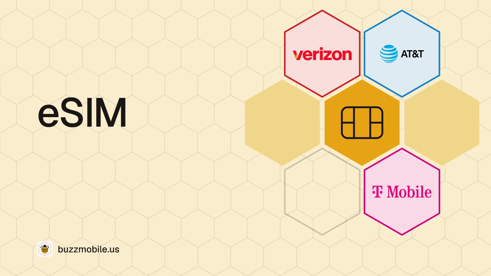 eSIM: a honeycomb with the Verizon, AT&T and T-Mobile logos, one in each cell.