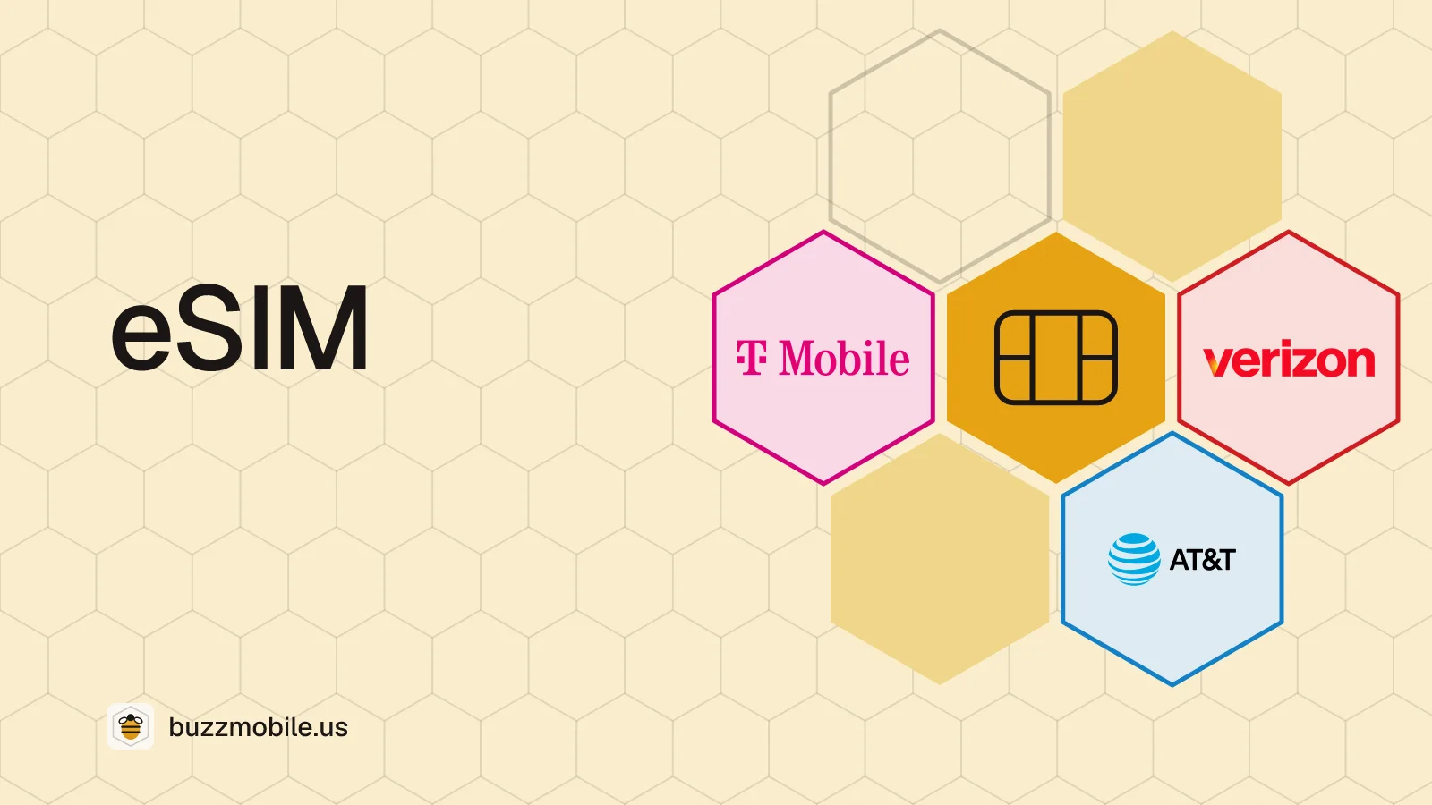 eSIM: a honeycomb with the Verizon, AT&T and T-Mobile logos, one in each cell.